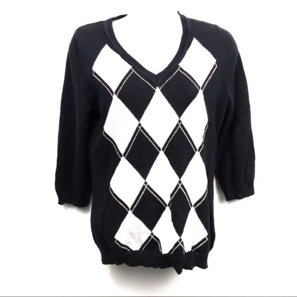 Liz Claiborne Sweaters - Liz Claiborne Argyle V Neck Black and White Sweater Women's Size Petite Medium